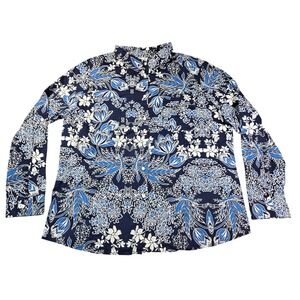 Jaclyn Smith Collection Navy Blue Floral Cotton Button Down Shirt XL Long Sleeve